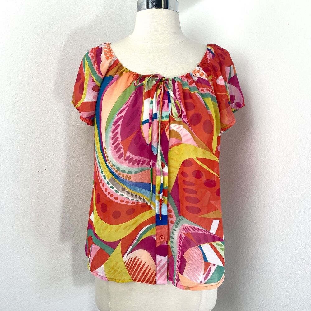 Colorful Sheer Chiffon Boho Blouse Large Boho Bold Op Art Whimsy Festival Resort